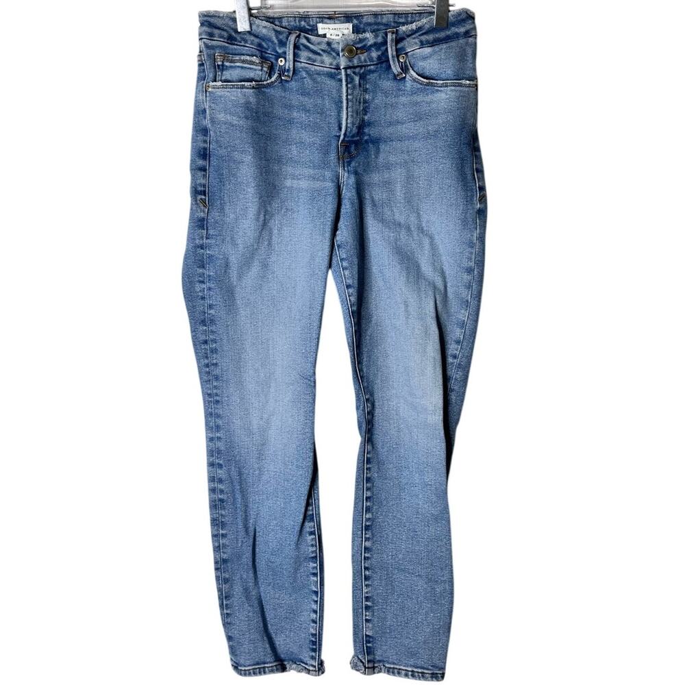 Good American Good Classic Low Waist Jeans 6/28 BLUE846 Raw Hem Fray Blue